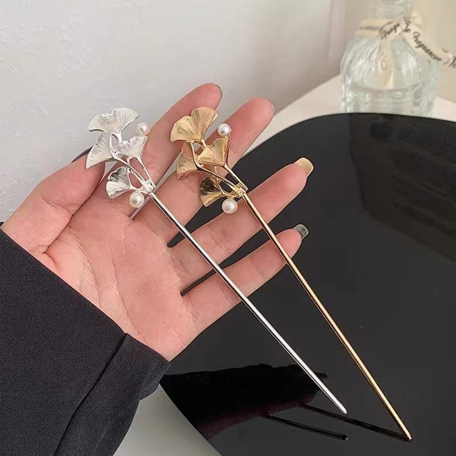 Pearl Hair Pin - Grampo de cabelo com folha de